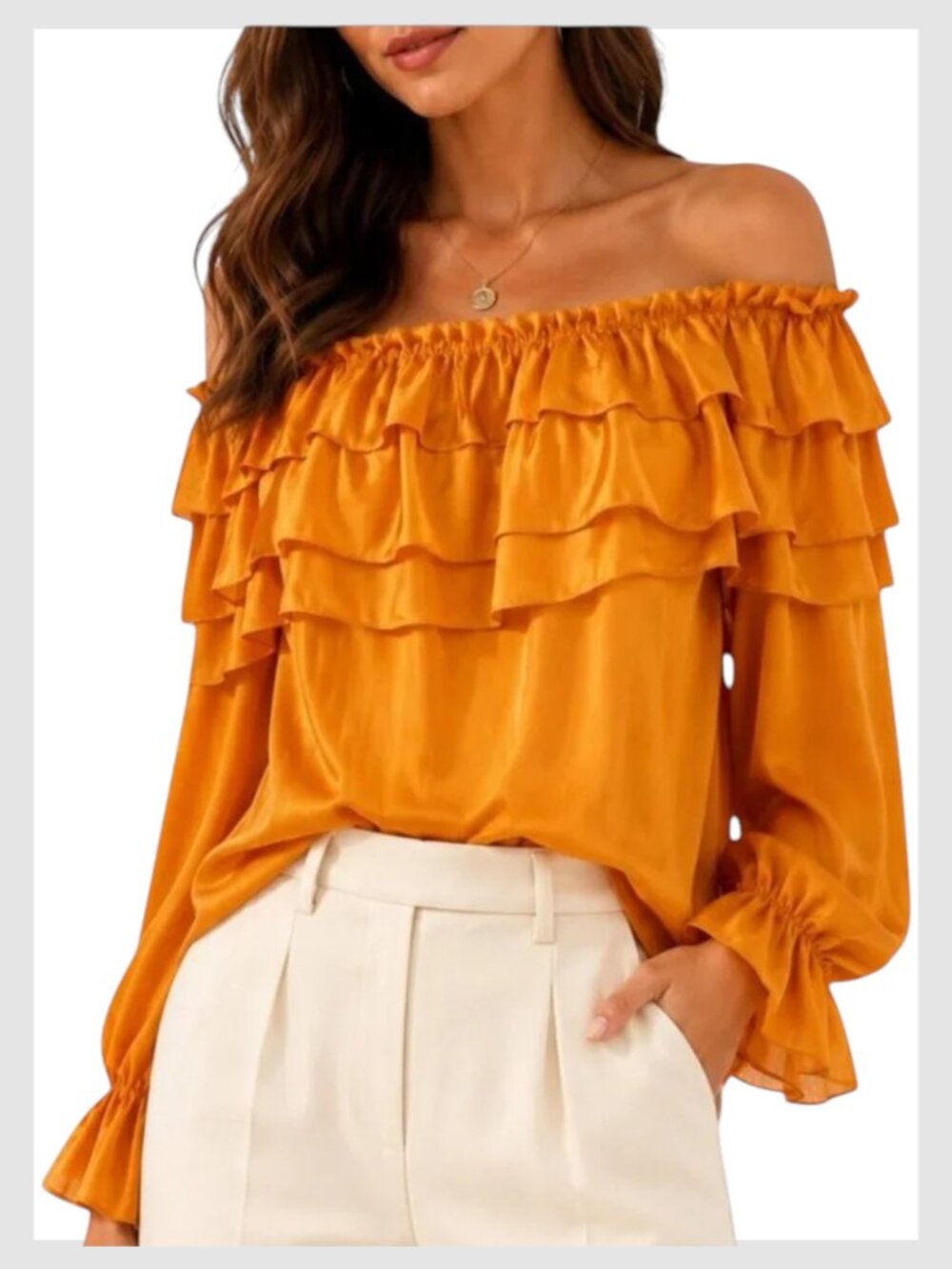 Alice + Olivia Off-Shoulder Silk Ruffle Blouse Gold XS